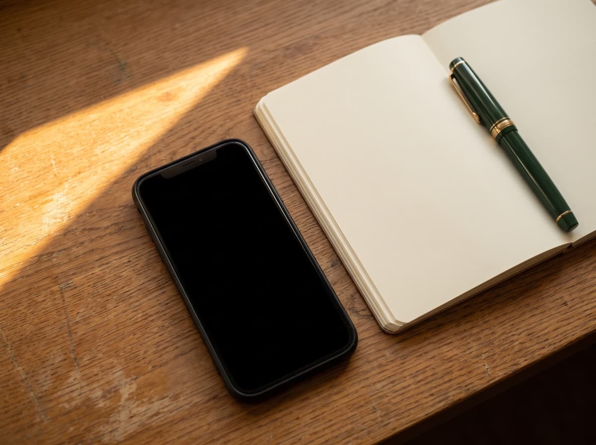 Smartphone und offenes Notizbuch mit Füller auf einem Schreibtisch im Nachmittagslicht