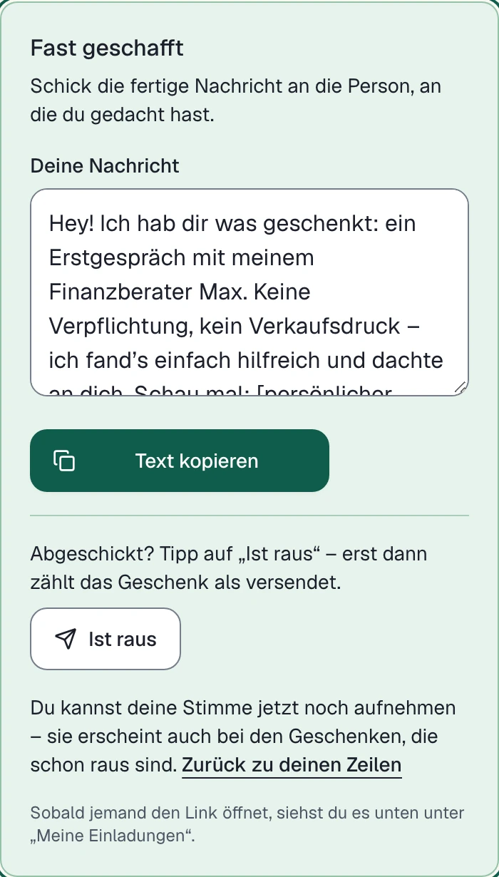 Vorbereitete Kundennachricht mit Text kopieren und noch offener Versandbestätigung. Persönlicher Link ausgeblendet.